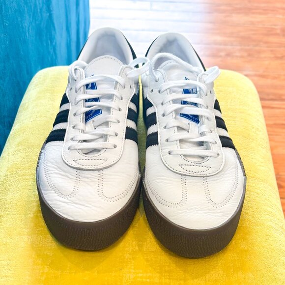 Adidas Sambarose Platform Sneakers - White w/ Black Stripes and Brown Gum Sole - Picture 3 of 10